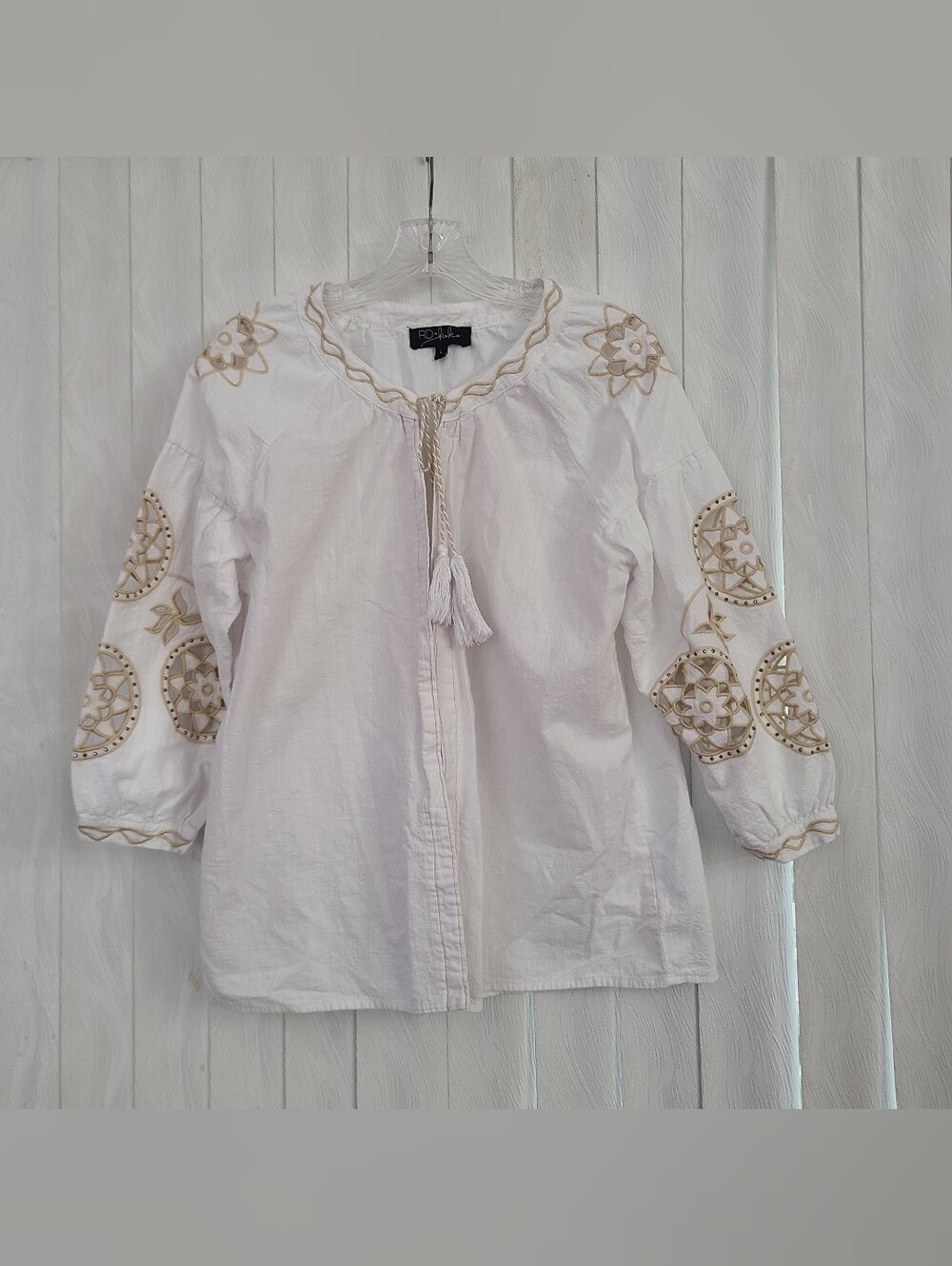 RD Koko Anthropologie L White Beige Embroidered Cutout Boho Cotton Linen Top